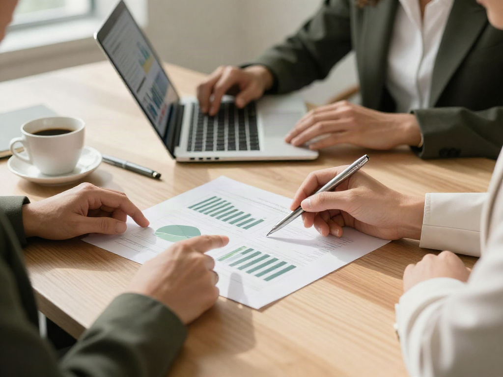 Advisors examining printed performance charts and business analytics together