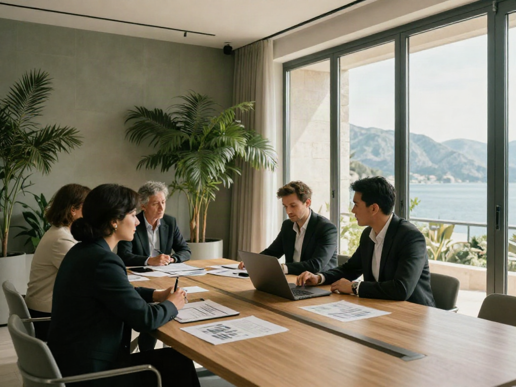 Business advisors collaborating around a meeting table overlooking the Bay of Kotor